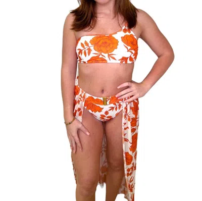 Stylish Swimwear Heidi One Shoulder Bandeau Bikini With Cover Up In White/orange In Multi