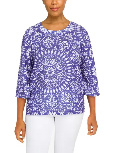 Alfred Dunner Petites Womens Textured Medallion Print Pullover Top In Purple
