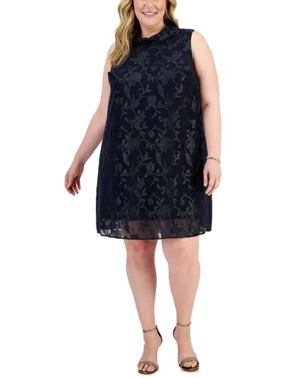 Connected Apparel Plus Womens Floral Knee Length Shift Dress In Blue