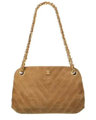 Pre-owned Chanel Neutral Suede Chevron Chain Shoulder Bag (authentic ) In Brown
