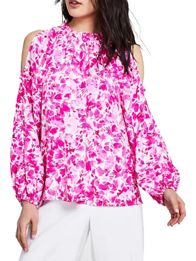 Vince Camuto Womens Ruffle Neck Floral Blouse In Pink