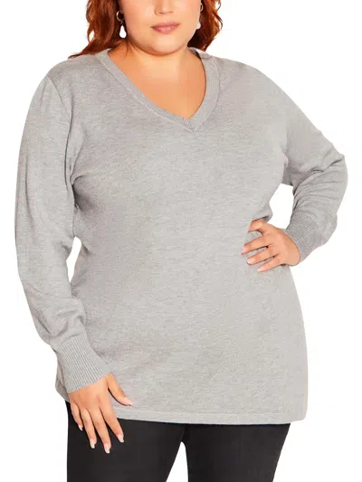 City Chic Plus Womens Ribbed Trim Stretch V-neck Sweater In Silver