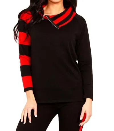 Angel Apparel Striped Zip Neck Sweater In Black/red