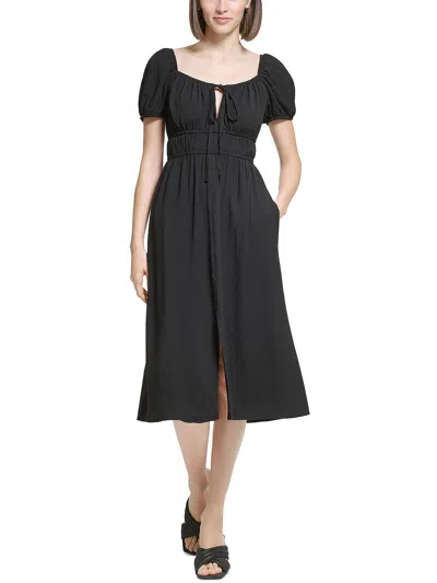 Calvin Klein Womens Leg Slit Tie-neck Midi Dress In Black