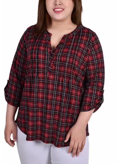 Ny Collection Plus Womens Plaid V-neck Pullover Top In Multi