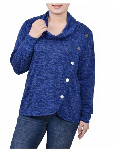 Ny Collection Petites Womens Overlap Cowl Neck Button-up In Blue