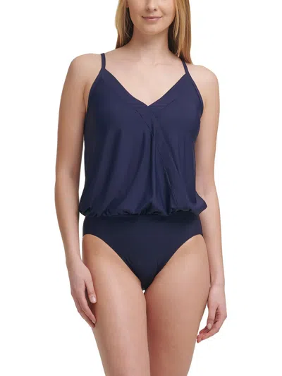 Calvin Klein Womens Blouson V-neck One-piece Swimsuit In Blue