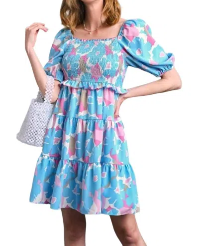 Umgee Floral Print Smocked Tiered Dress In Blue In Multi