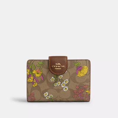 Coach Outlet Medium Corner Zip Wallet In Signature Canvas With Floral Print In Beige