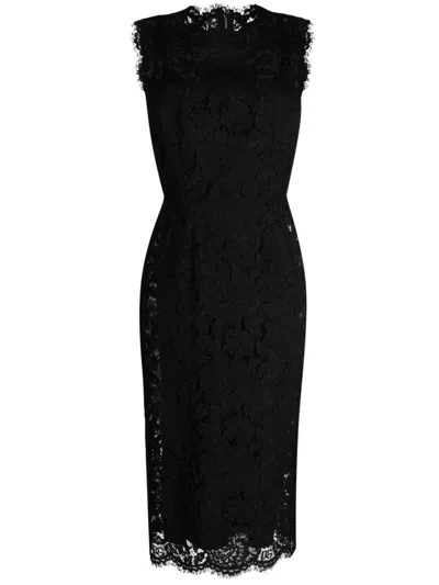 Dolce & Gabbana Branded Stretch Lace Calf-length Dress Woman Midi Dress Black Size 1