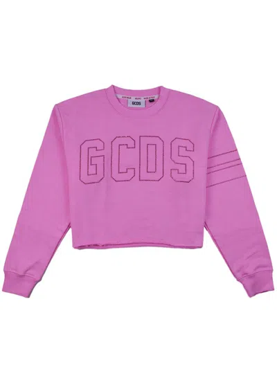 Gcds Bling Jersey Crop Sweatshirt Clothing In Pink & Purple