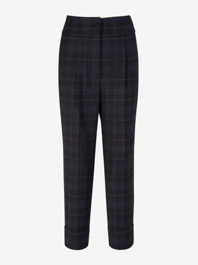 Peserico Checked Motif Wool Pants In Midnight Blue