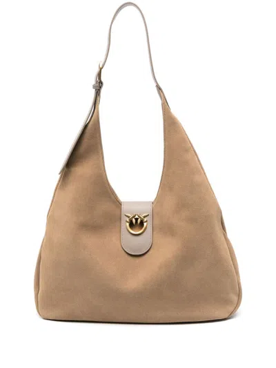 Pinko Hobo Big Suede + Calfskin Bags In Brown