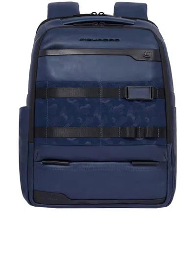 Piquadro 14" Medium Leather Laptop Backpack Bags In Blue