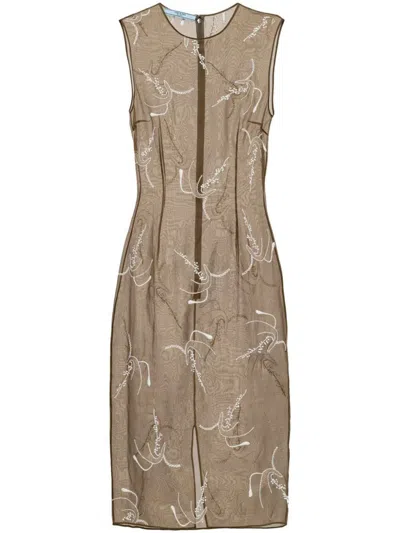 Prada Embroidered Sheer Silk Midi Dress In Neutrals