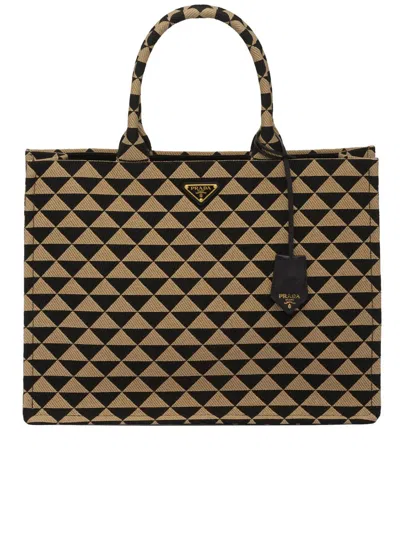 Prada Jacquard Triangle Shopping Bags In Brown