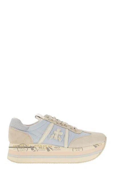Premiata Beth Sneakers In Beige Suede And Fabric In White/light Blue