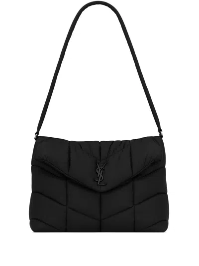 Saint Laurent Puffer Black Shoulder Bag With Tonal Logo In Nylon And Cotton Man