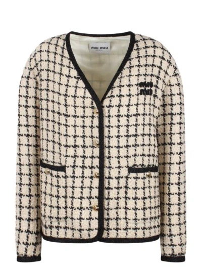 Miu Miu Neutral Checked Tweed Jacket - Women's - Virgin Wool/cotton/polyamide/metallic Fibre In Nude