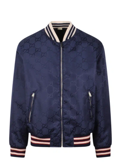 Gucci Nylon Canvas Reversible Zip Jacket In Blue