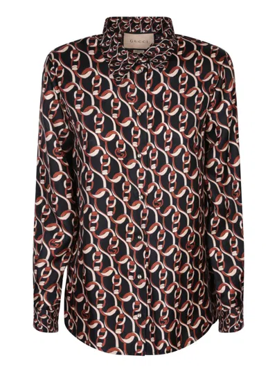 Gucci Interlocking G Chain Print Silk Shirt In Black