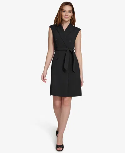 Calvin Klein Sleeveless Double Breasted Trench Dress In Black
