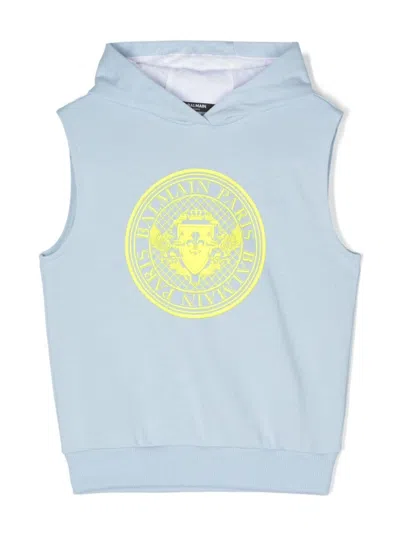 Balmain Kids' Rubberised-logo Sleeveless Hoodie In Blue