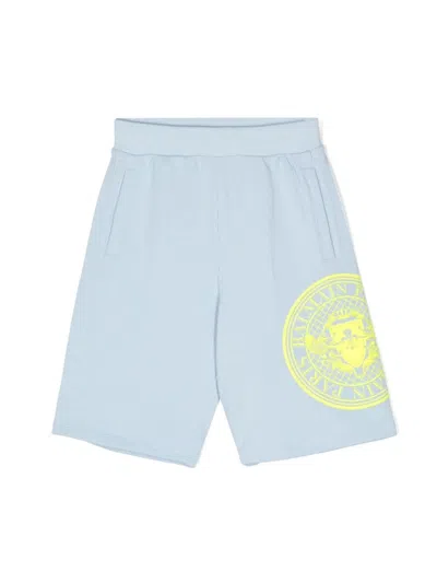Balmain Kids' Rubberised-logo Cotton Shorts In Blue