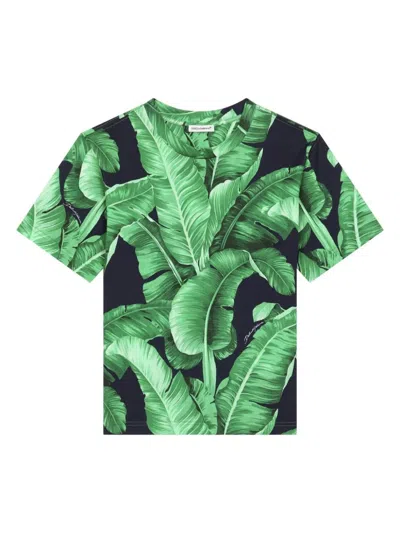 Dolce & Gabbana Kids' Leaf-print Cotton T-shirt In Black