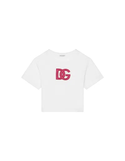 Dolce & Gabbana Kids' Jersey T-shirt With Dg Logo Patch In White