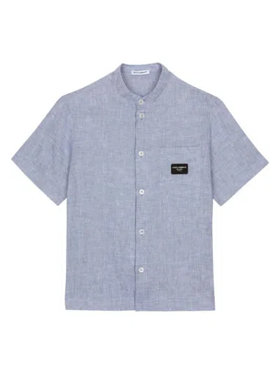 Dolce & Gabbana Kids' Logo-patch Linen Shirt In Blue