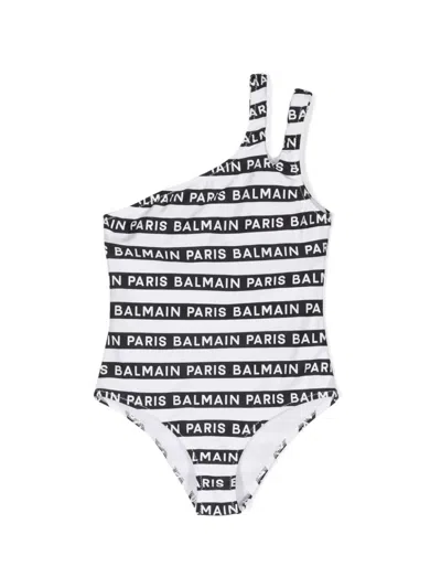 Balmain Kids' Logo Print Lycra One Piece Swimsuit In White,black