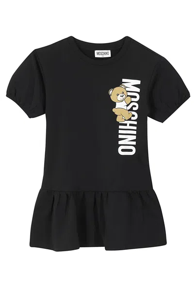 Moschino Kids' Black Dress For Girl With Teddy Bear And Logo In Nero