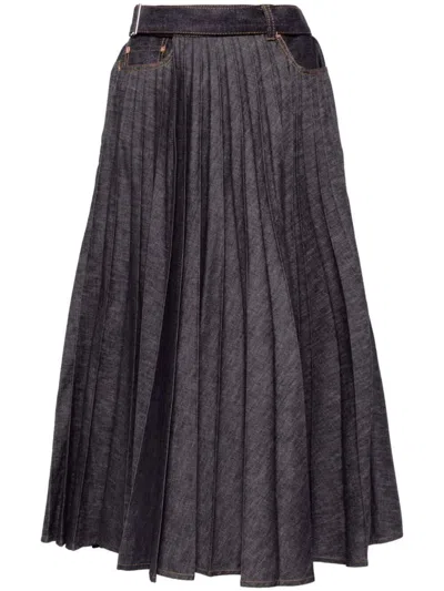 Sacai Pleated Denim Wrap Skirt In Blue