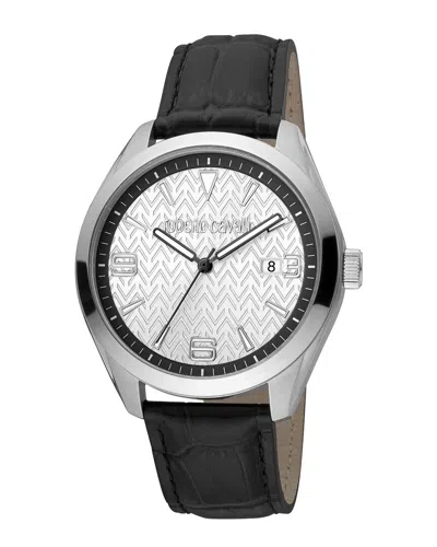 Roberto Cavalli Men's Quartz Black Leather Watch 42mm In Silver