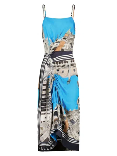 Callas Milano Angie City Printed Silk Midi Dress With Ruched Front In Blue Multi Black