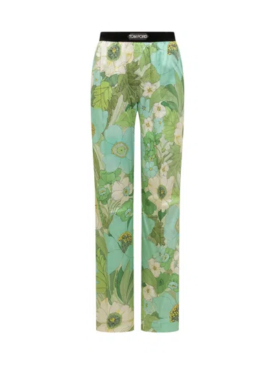 Tom Ford Floral-print Silk-blend Satin Pyjama Trousers In Aqua Pale Green