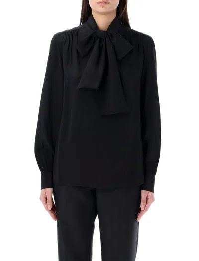 Saint Laurent Luxurious Black Silk Lavallière-neck Blouse For Women