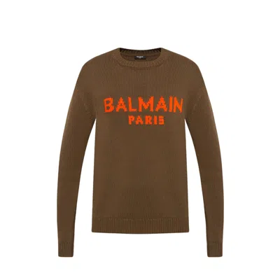 Balmain Wool Logo Jumper In Brown