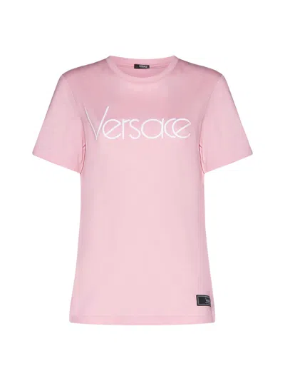 Versace Logo-embroidered Cotton T-shirt In Pink White