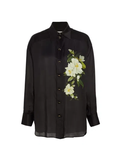 Zimmermann Harmony Floral Print Silk Button-up Shirt In Black Magnolia