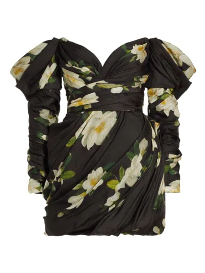 Zimmermann Harmony Floral Print Off The Shoulder Linen & Silk Minidress In Black Magnolia