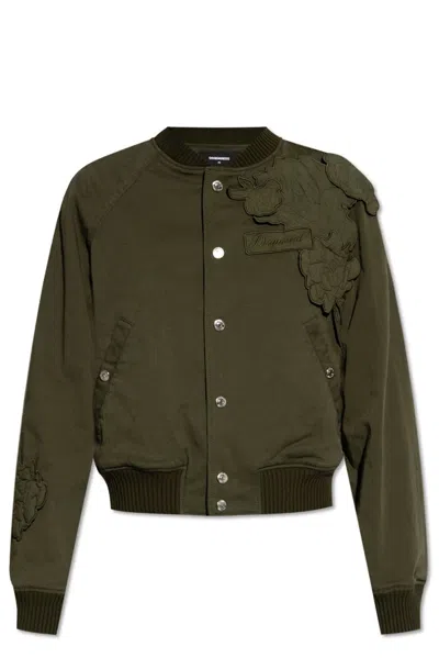 Dsquared2 Floral-appliqué Cotton Bomber Jacket In Green