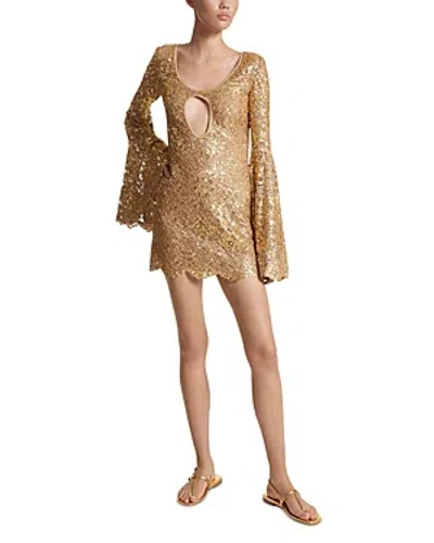 Michael Kors Cutout Sequined Laminated Lace Flare-sleeve Mini Dress In Gold