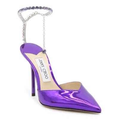 Jimmy Choo 'saeda' Purple Pointed And Closed Toe Sandals With Rhinestone Chain In Metallic Leather Woman In Violet