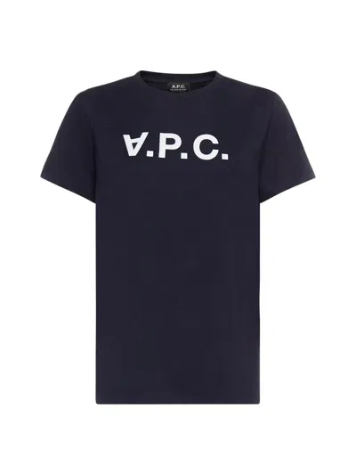 Apc Blue Cotton T-shirt With Logo Print In Cotton Woman