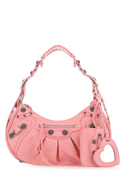 Balenciaga Women's Le Cagole Small Shoulder Bag Crocodile Embossed In Sweet Pink