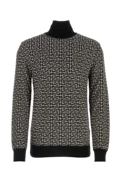Balmain Black And White Sweater With 'all-over' Monogram In Wool And Linen Man