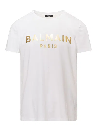 Balmain White Crewneck T-shirt With Metallic Logo Lettering Print In Cotton Man