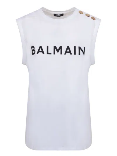 Balmain Logo Organic Cotton Sleeveless Top In White